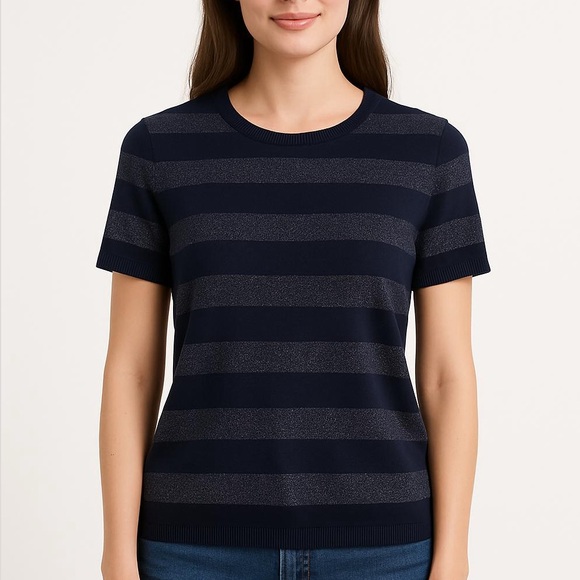 Brooks Brothers Tops - Brooks Brothers Navy Blue And Silver Short Sleeve Top